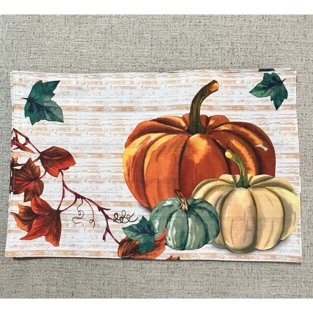 Home Collection Set of 6 Fabric Placemats Pumpkins Fall Autumn Thanksgiving New!